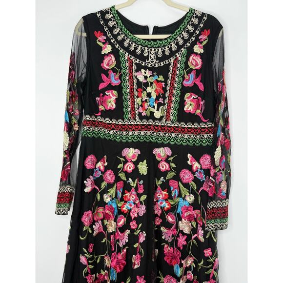 By Megyn Maxi Dress Women Size 10/12 (Estimated) Black Embroidered Floral Mesh - Picture 4 of 12